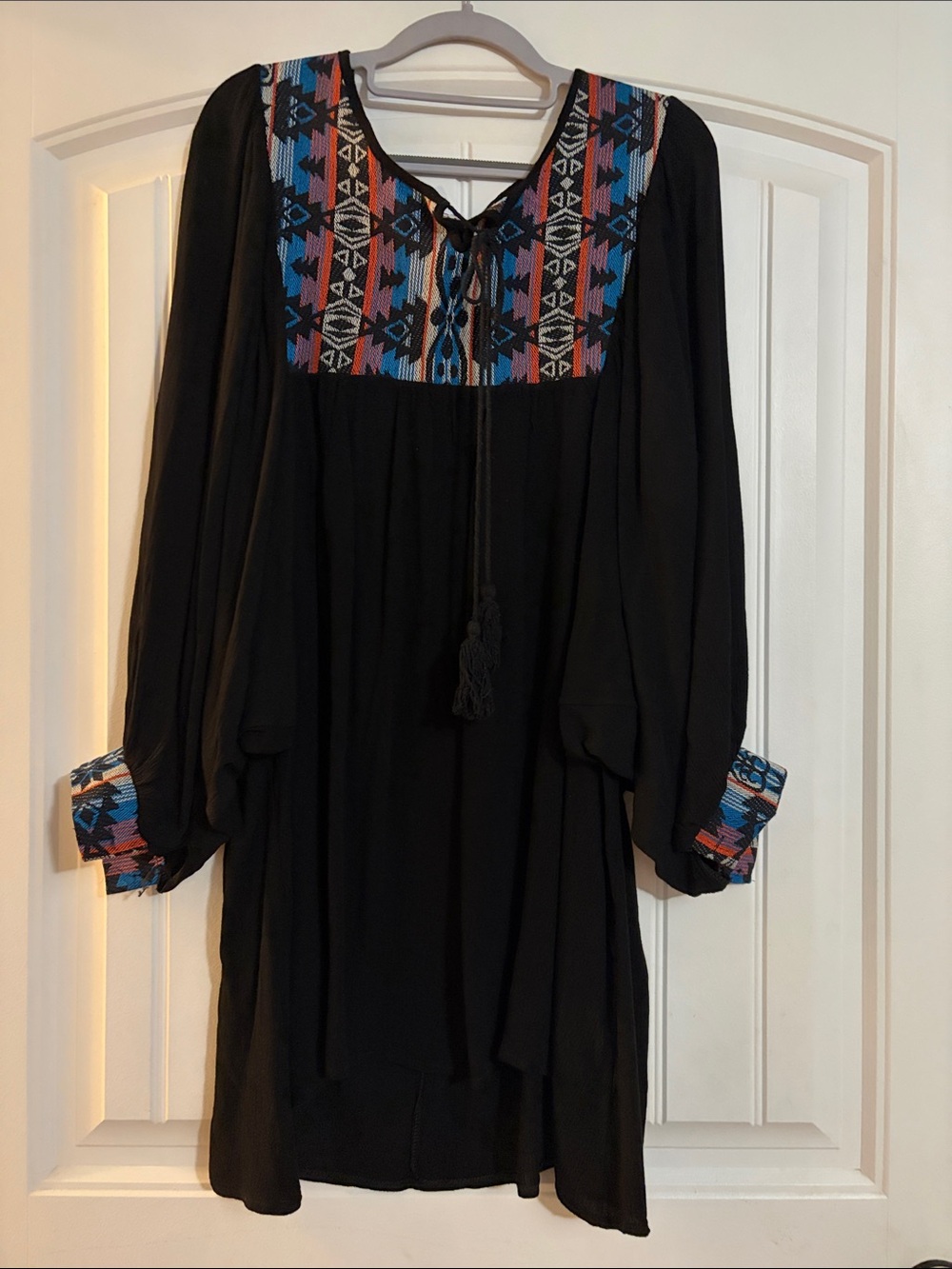 Velzera Black Tunic with Blue and Red Aztec Knit